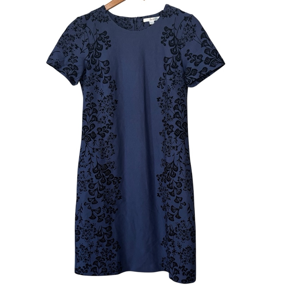 Boden Slate blue and black Ponte Floral shift dress. Women’s 4R